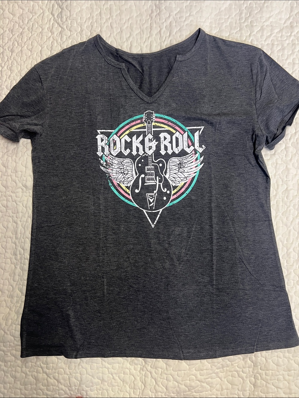 Rock & Roll Graphic V‑Neck Tee - Dark Gray